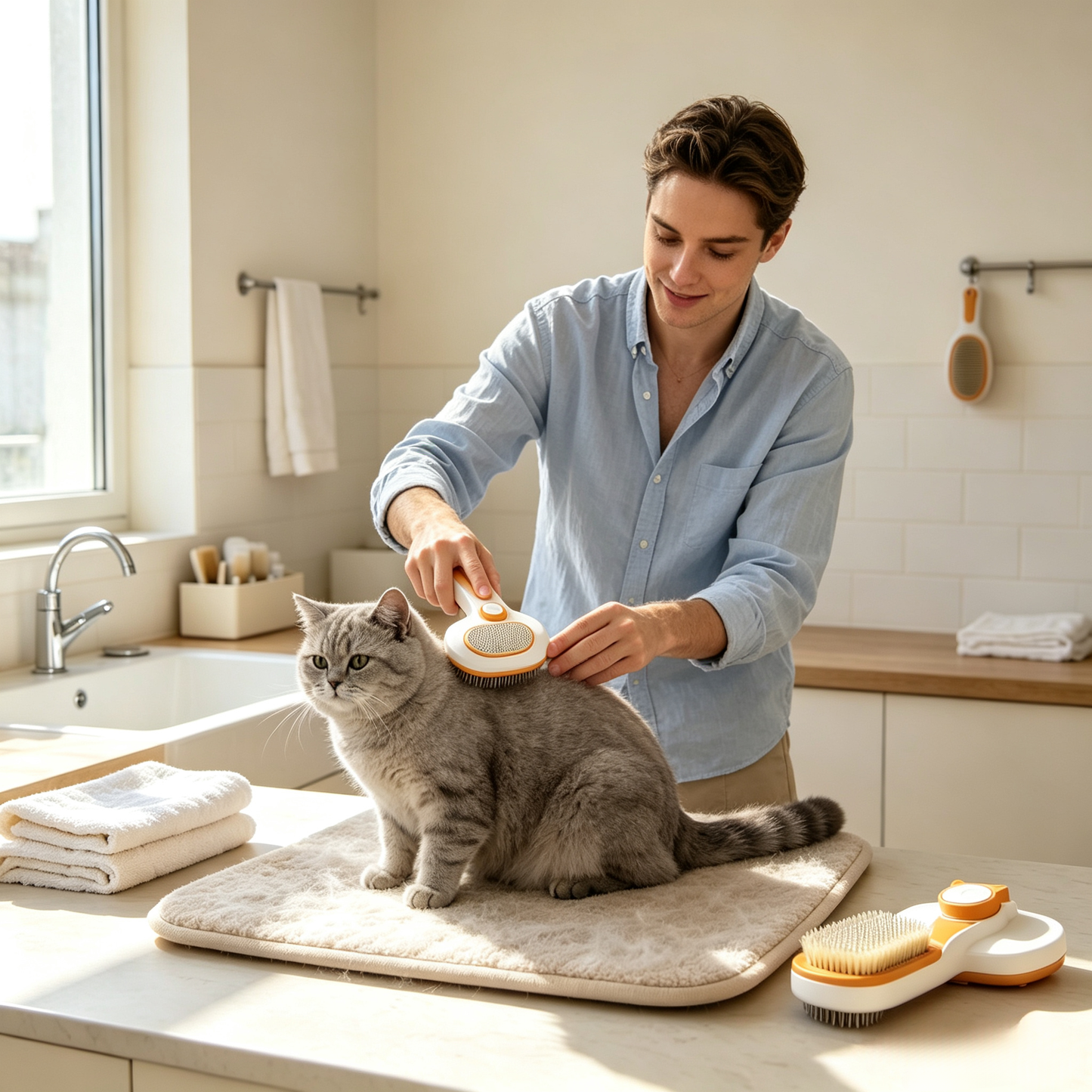Oval Self-Cleaning Pet Grooming Brush for Cats & Dogs