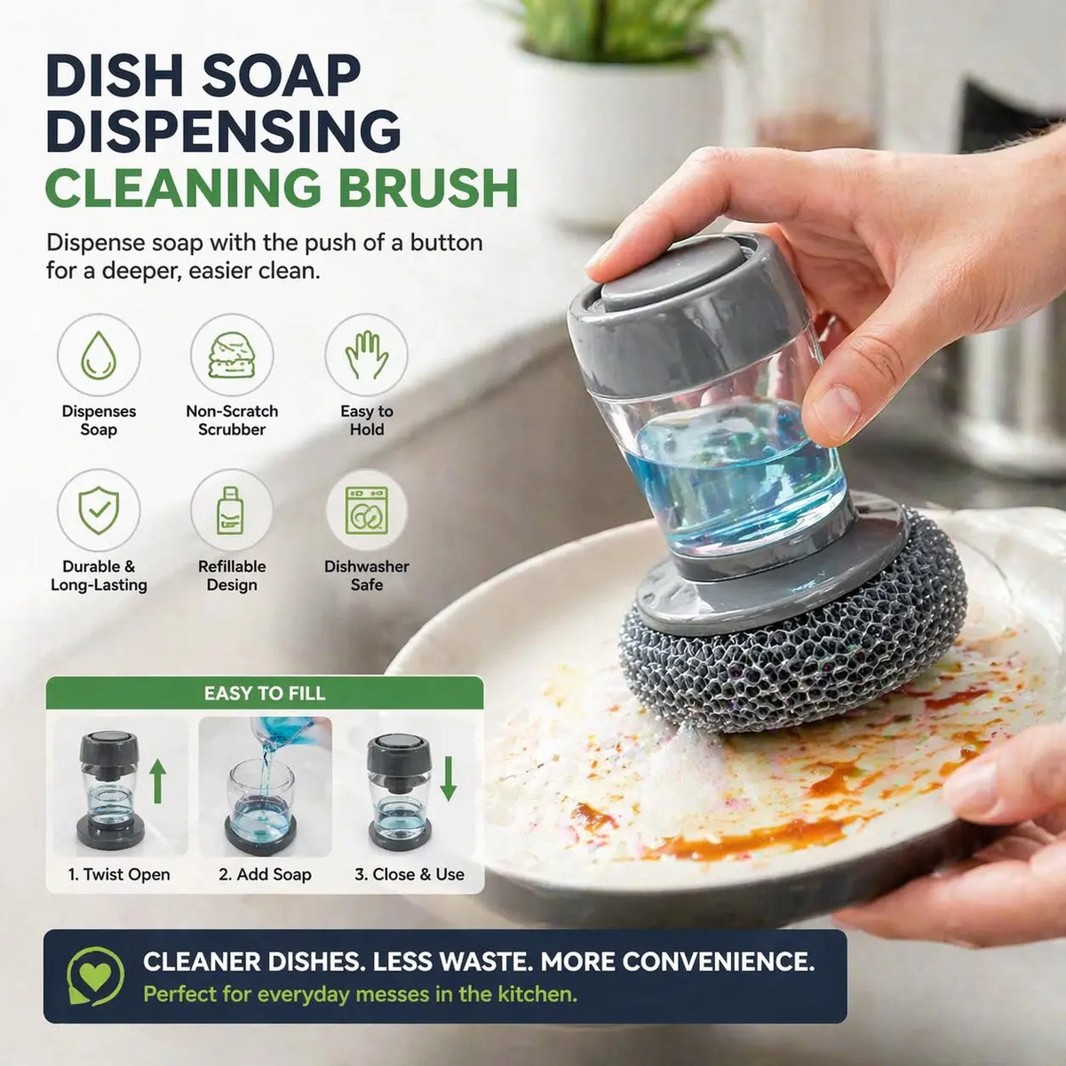 Press top to dispense dish soap