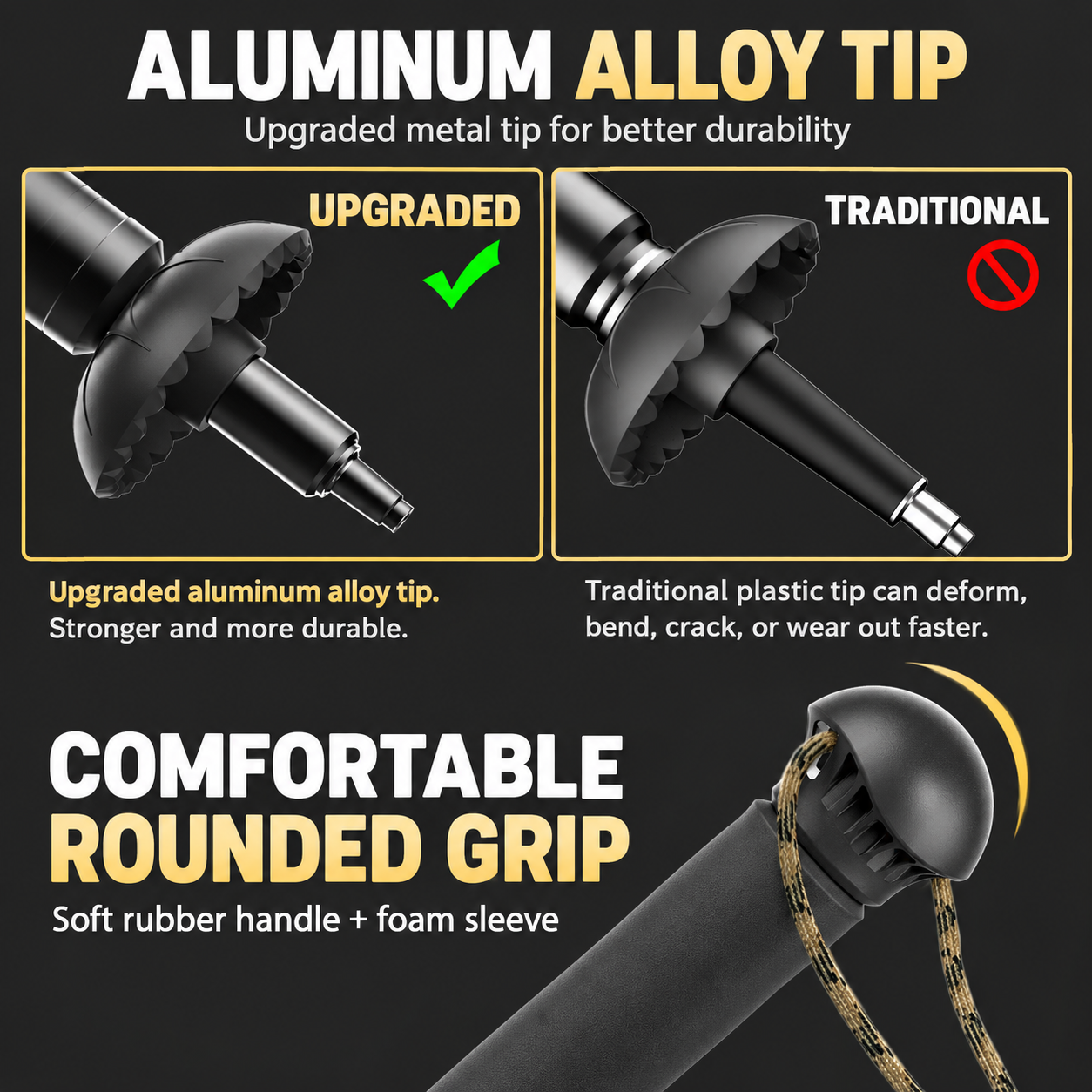 Aluminum alloy hiking pole tip and rounded grip