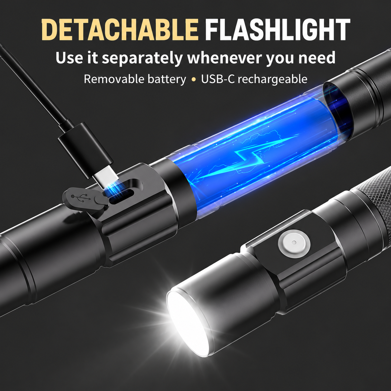 Detachable flashlight and USB-C charging port