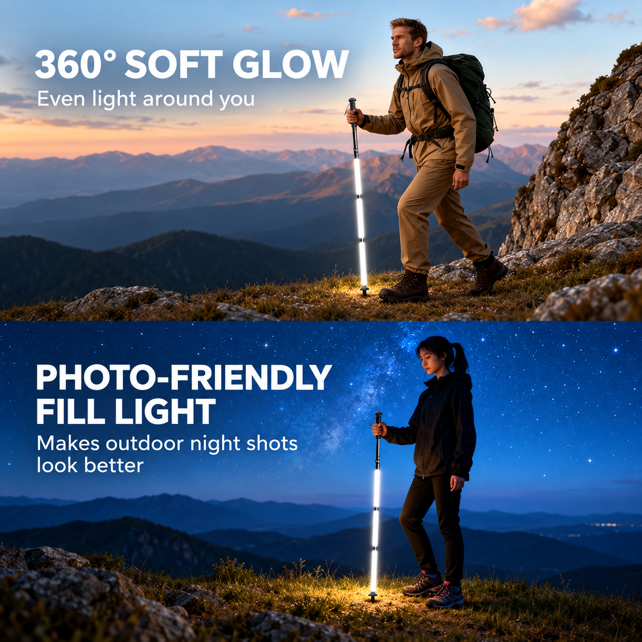 Luminous hiking pole used at sunset and at night