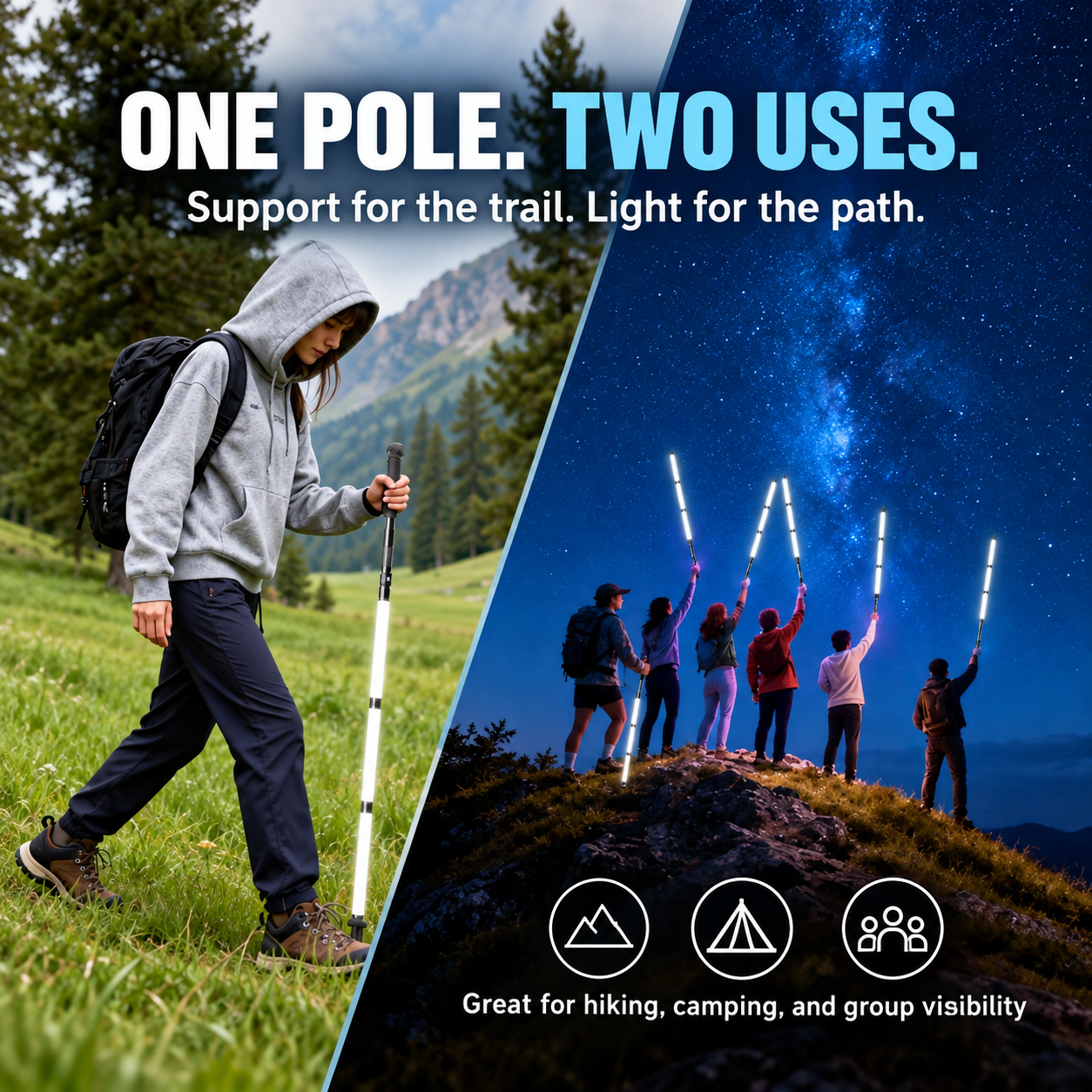 Hiking pole used for trekking in daytime and visibility at night