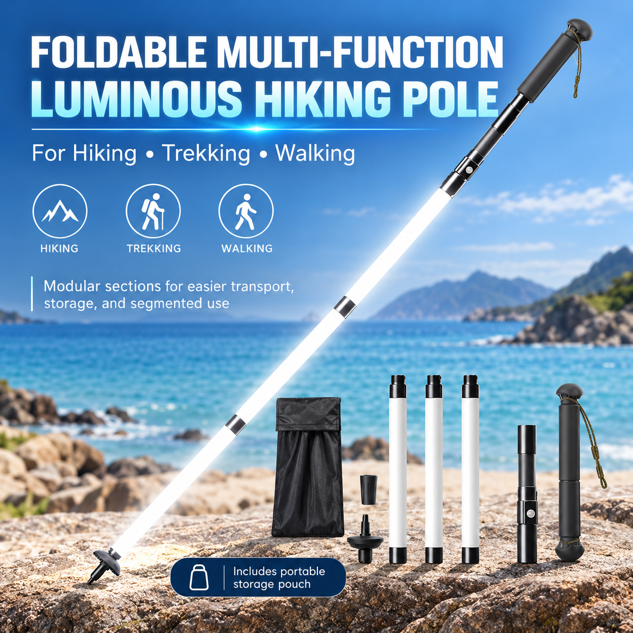 Disassembled modular luminous hiking pole with storage pouch